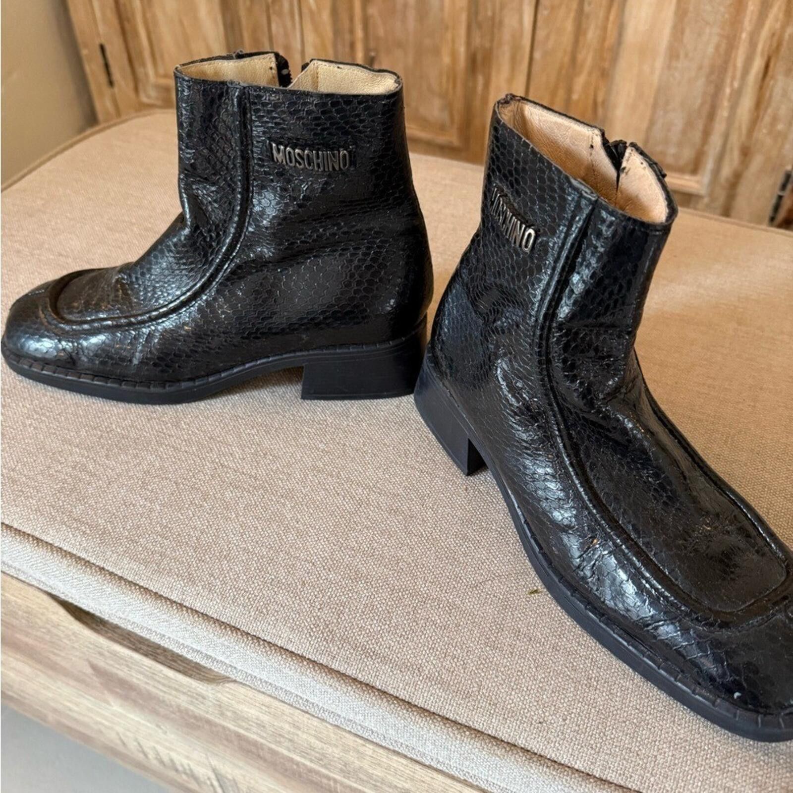 Moschino Moschino Patent Snake Embossed Ankle Boots Logo Italy 38 Size US 7.5 / IT 37.5 - 1 Thumbnail