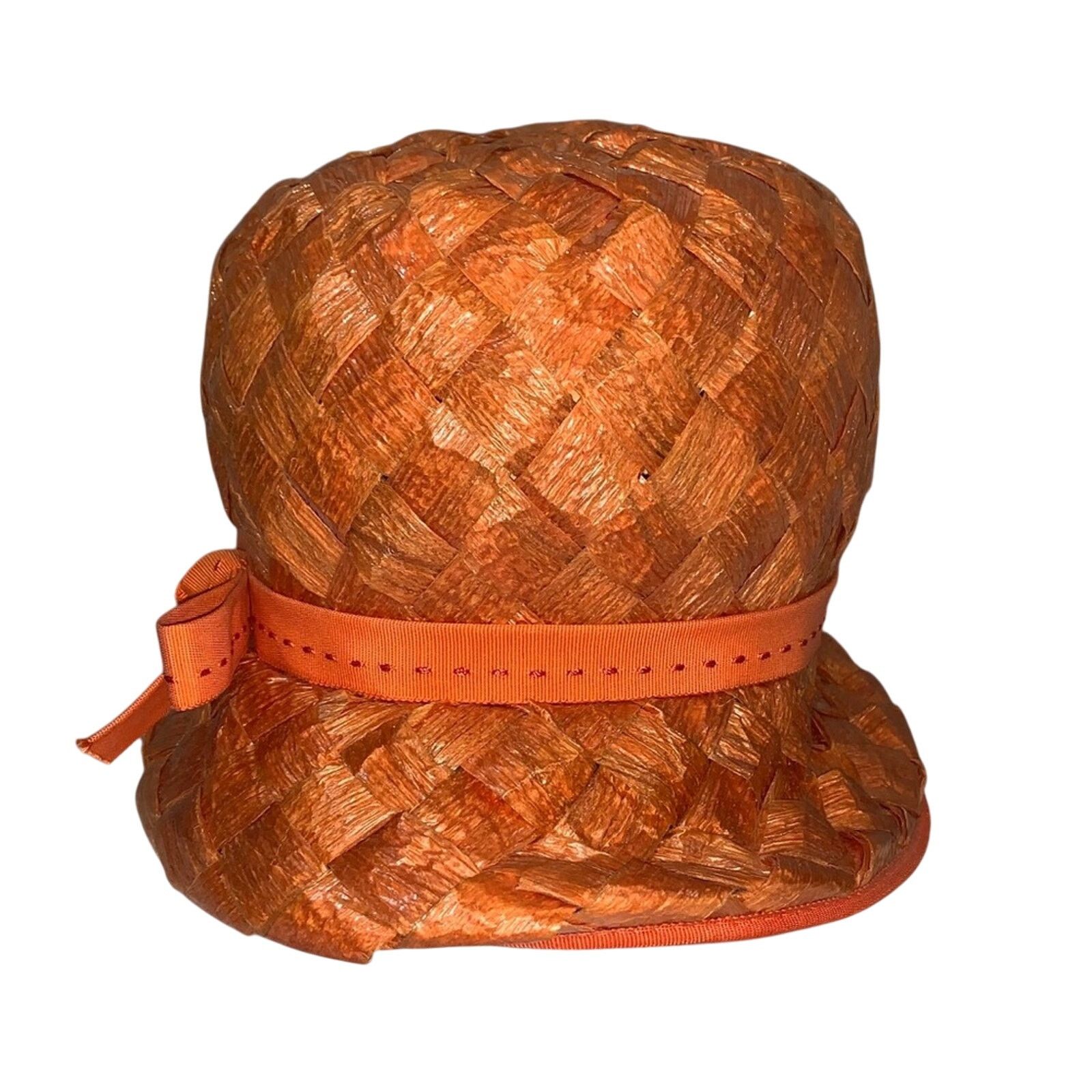 Vintage Vintage Orange Basket Weave Bucket Hat with Bow Size ONE SIZE - 4 Thumbnail