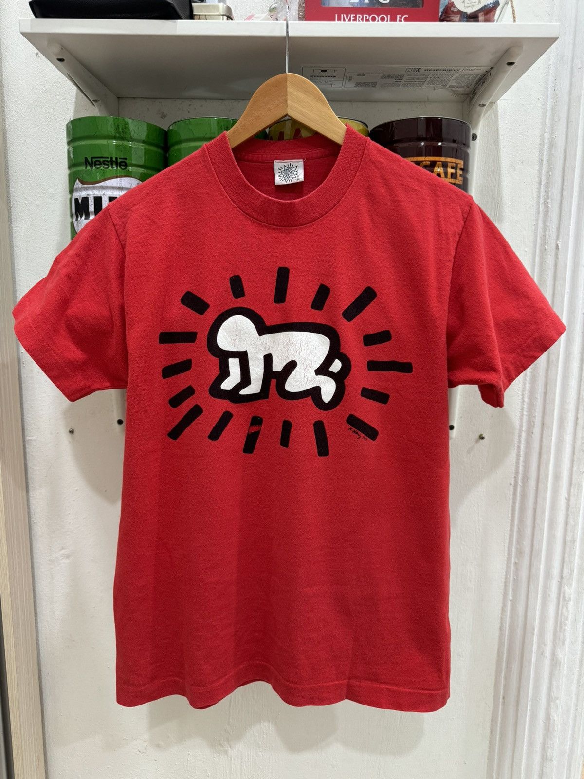 image of Binding Offervtg 80's Keith Haring Baby Pop Shop Distressed in Red, Men's (Size Medium)