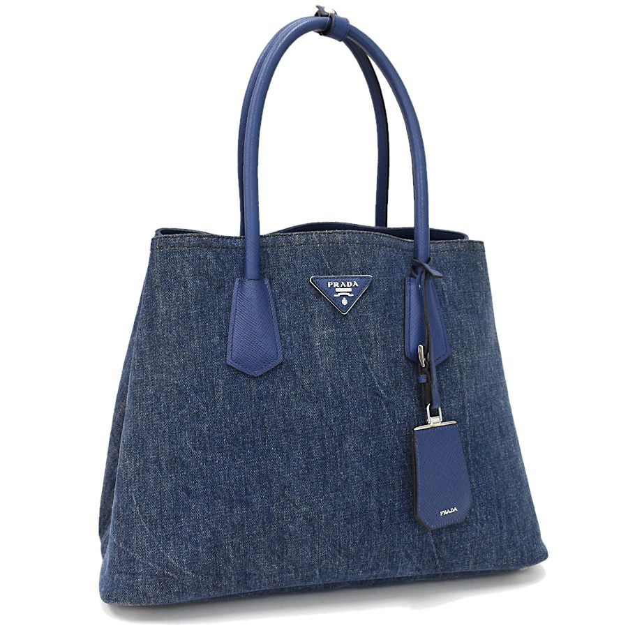 image of Prada Tote Bag Denim Saffiano Leather Avio Blue Triangle Logo, Women's