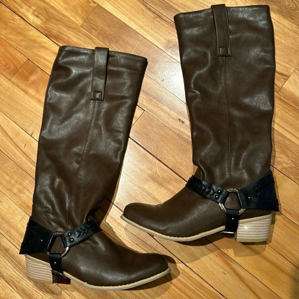 Other Dark brown, black buckle belt accent faux leather knee high Size US 8 / IT 38 - 1 Thumbnail
