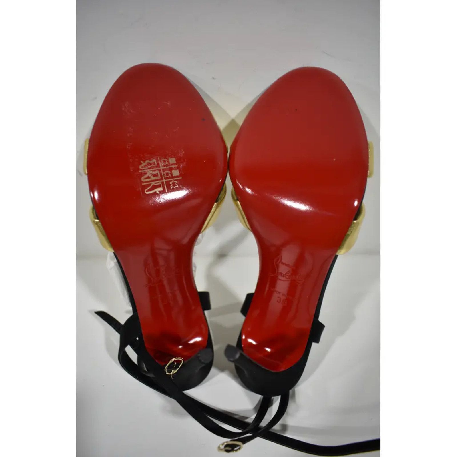 Christian Louboutin Just Me 100 Black Gold Sandal Ankle Strap Open Heel Pump 38 Size US 8 / IT 38 - 11 Thumbnail
