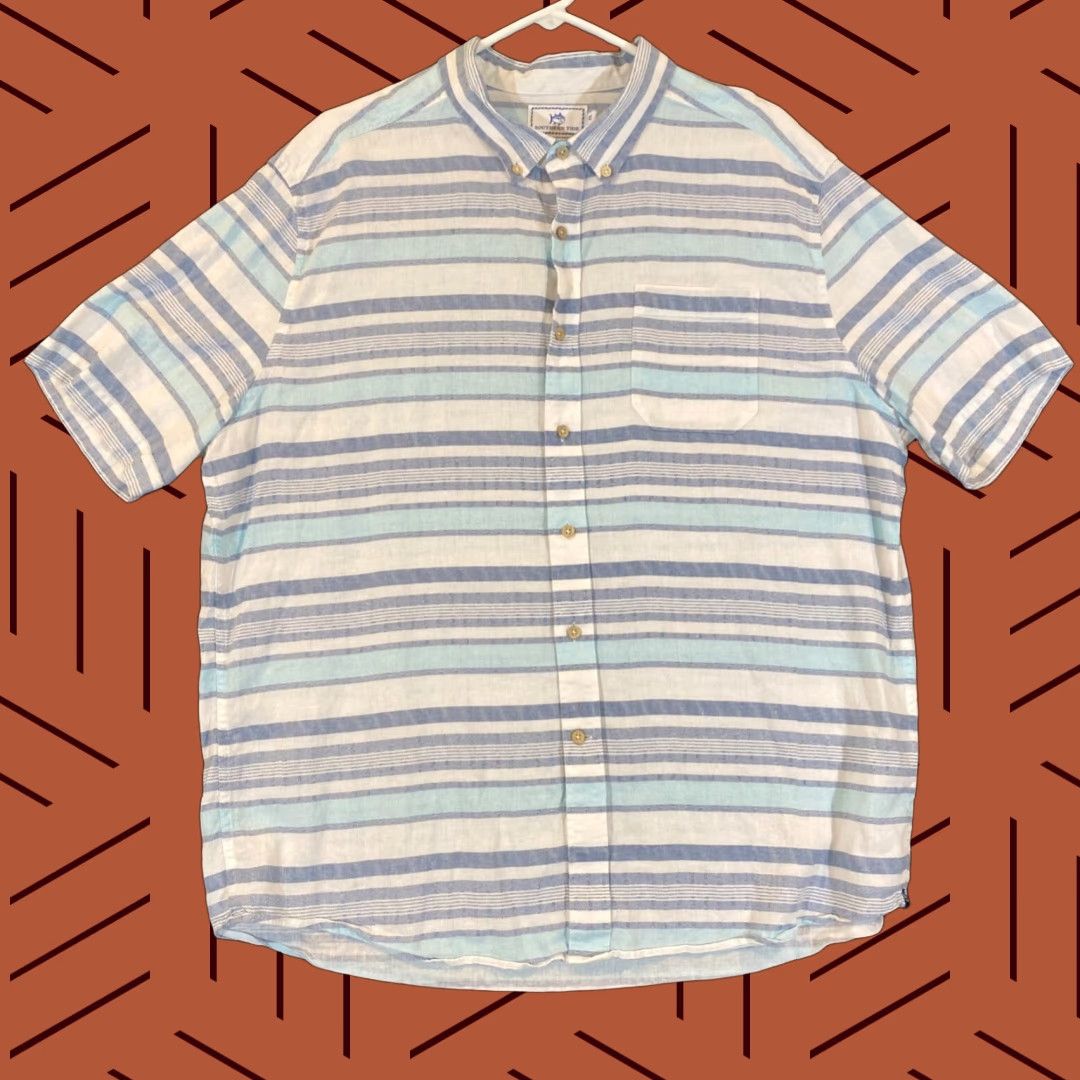 Southern Tide VINTAGE Southern Tide Shirt Men XL Short Sleeve Linen Blend Button-Up Blue White Striped Casual Size US XL / EU 56 / 4 - 1 Thumbnail