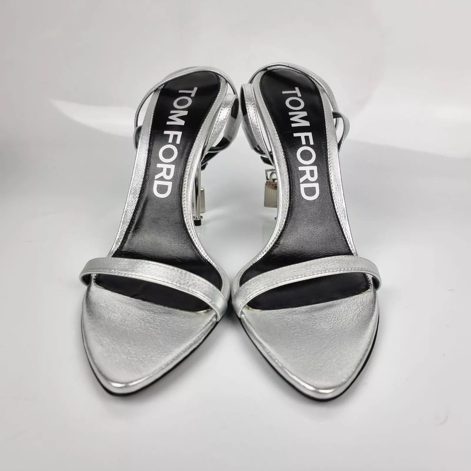 Tom Ford TOM FORD Padlock Silver Laminated Leather 105mm Sandals Size US 7 / IT 37 - 4 Thumbnail
