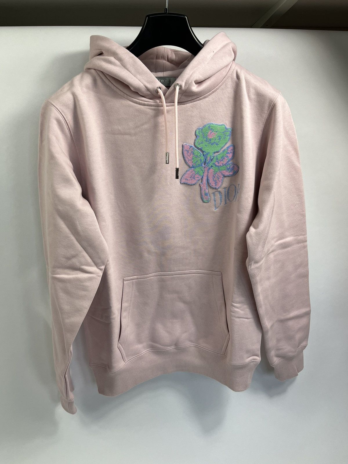 image of Dior + Alex Foxton Floral Flock Embroidered Oversized Hoodie in Pink, Men's (Size XS)