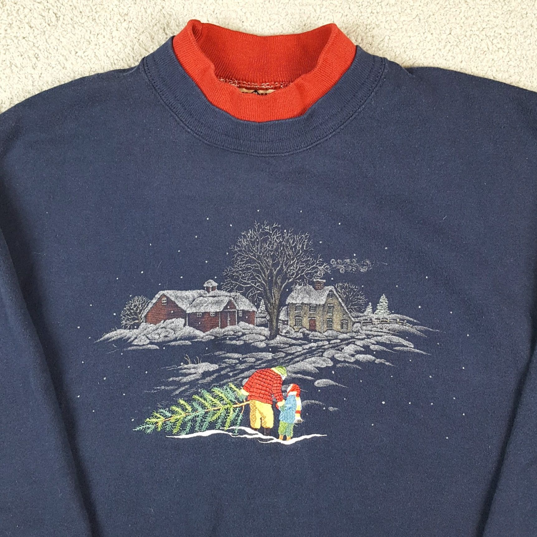 Vintage VINTAGE 90s Snowy Christmas Tree Top Stitch Sweatshirt Women XL Blue Crew Neck Pullover Mock Neck Pullover Christmas Tree Graphic Print First Size XL / US 12-14 / IT 48-50 - 2 Thumbnail