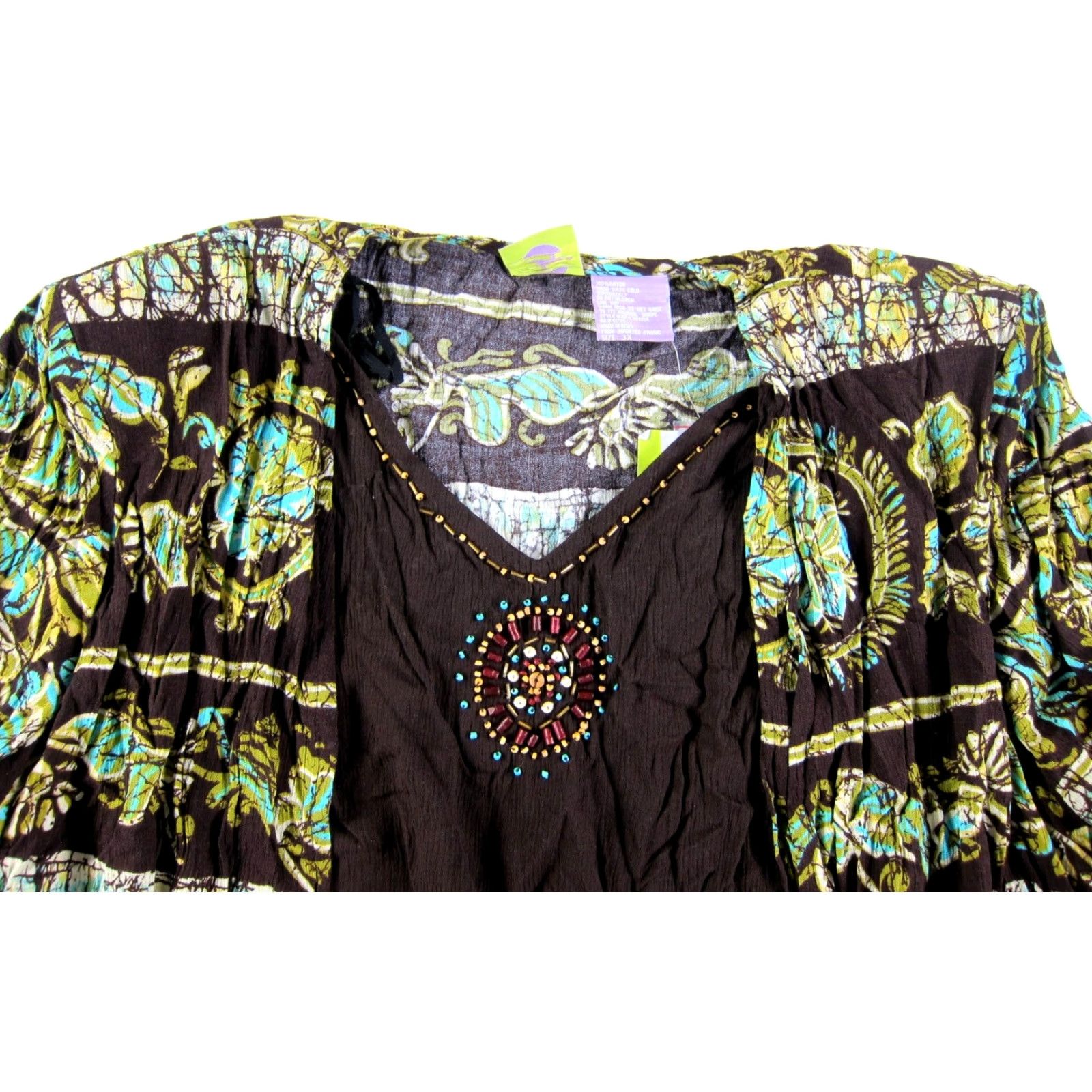 Vintage CM Shapes Blouse Short Sleeve V-Neck Beaded Floral 3X NWT 100% Rayon Brown Blue Green Womens Vintage Size XXL / US 16-18 / IT 52-54 - 4 Thumbnail