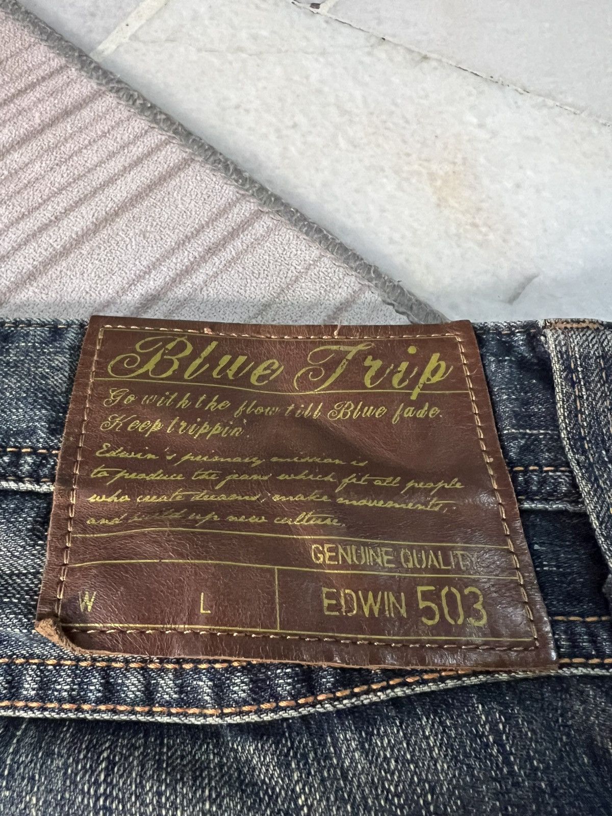Edwin × If Six Was Nine × Le Grande Bleu (L.G.B.) 💥FLARE💥VINTAGE EDWIN 503 BLUE TRIP NICE DESIGN Size US 33 - 20 Thumbnail