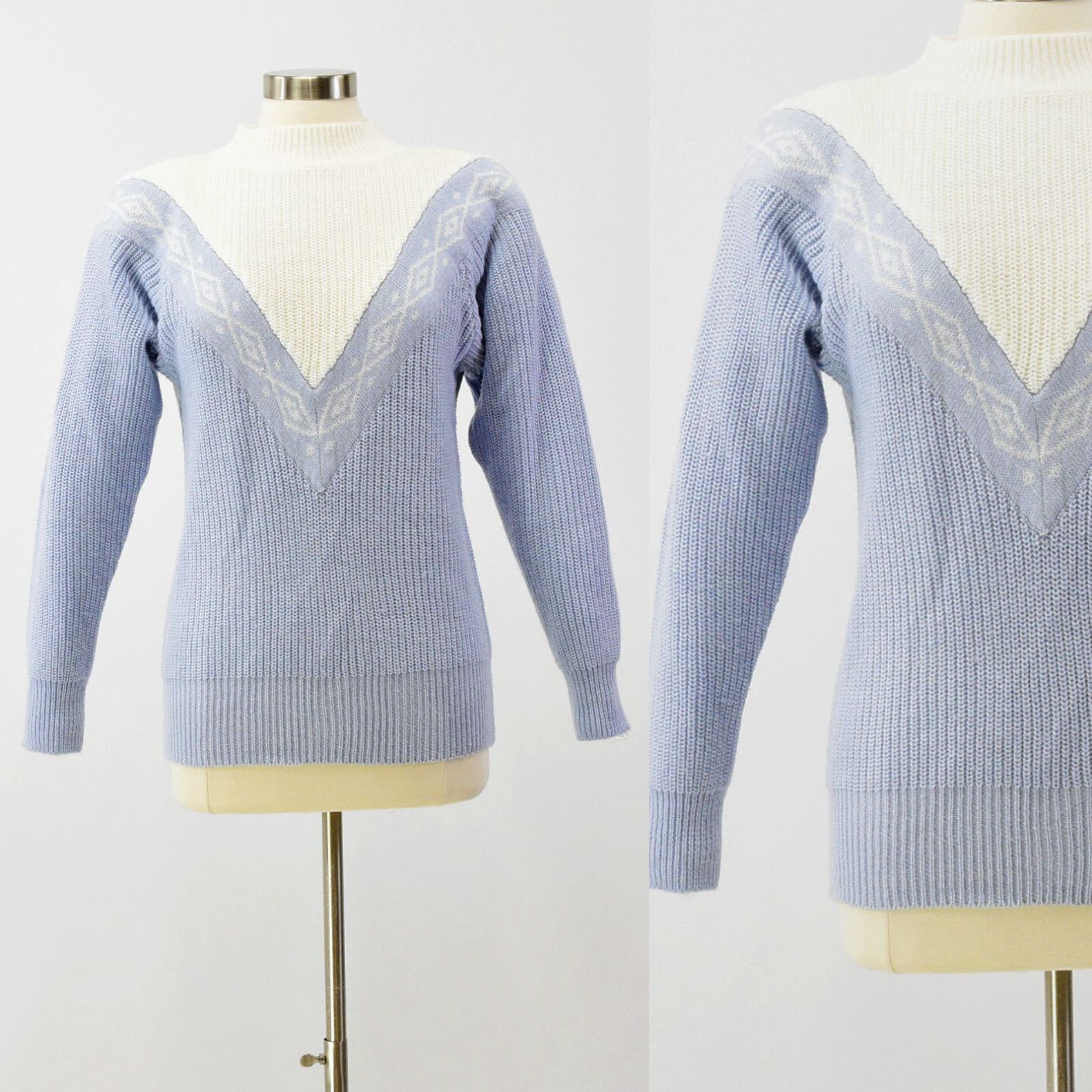 Image of 80's Vintage Women's S Mock Neck Sweater Blue & White Together (Size Small)