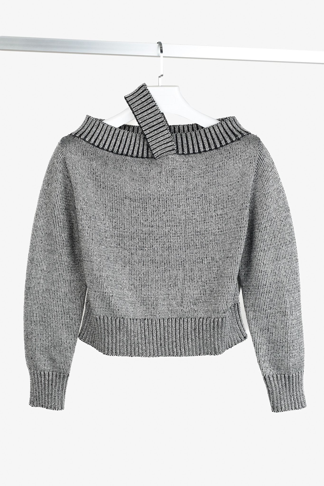 RTA Beckett Silver Metallic Off Shoulder Sweater