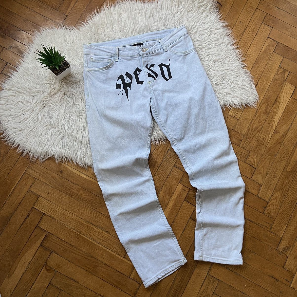 Designer 📌 Crazy Peso Y2K Big Print Denim Pants Size US 30 / EU 46 - 1 Thumbnail