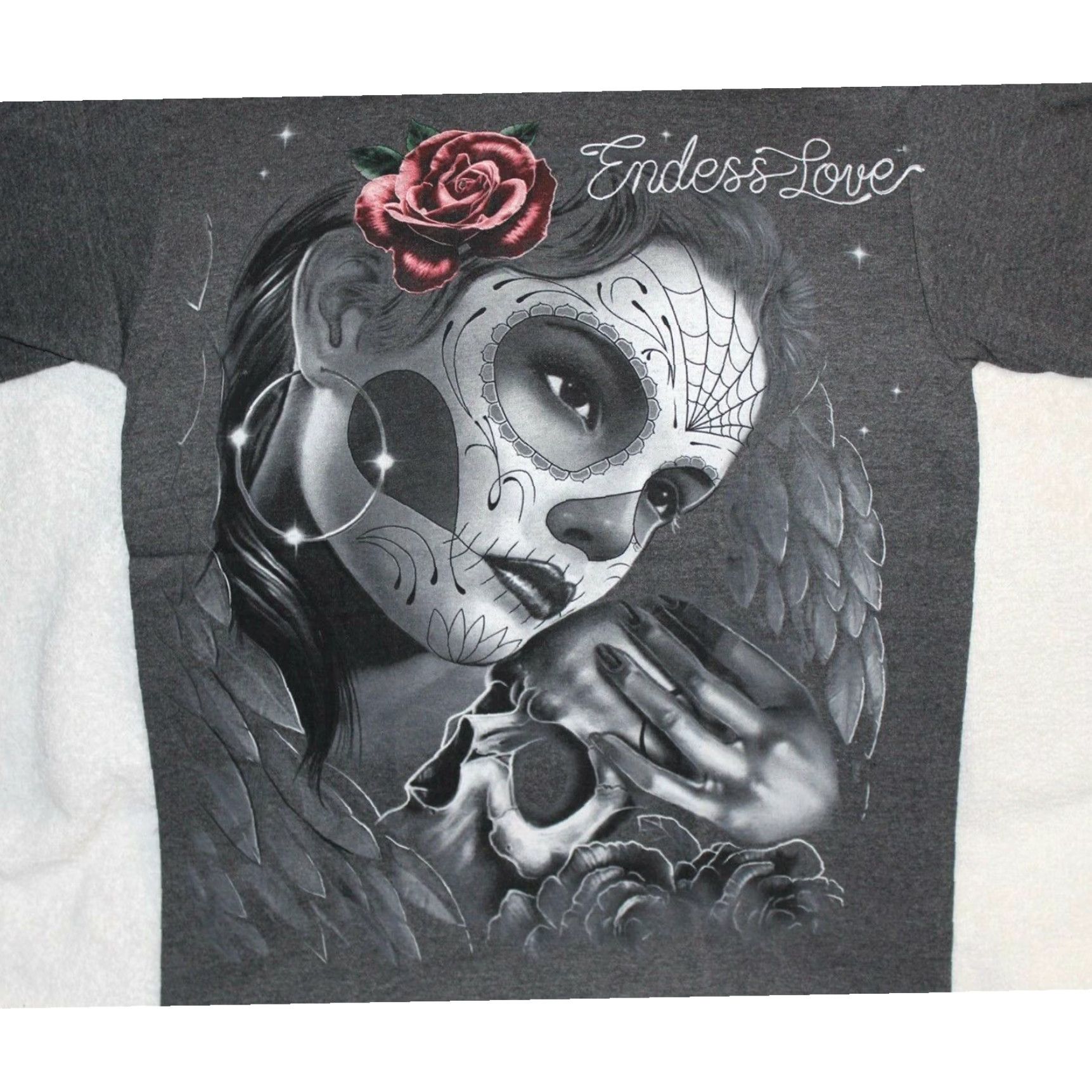 Vintage DAY OF THE DEAD GRAPHIC TEE MENS CHARCOAL GREY SKULL ROSE FLOWER ENDLESS LOVE T-SHIRT Size US L / EU 52-54 / 3 - 2 Thumbnail