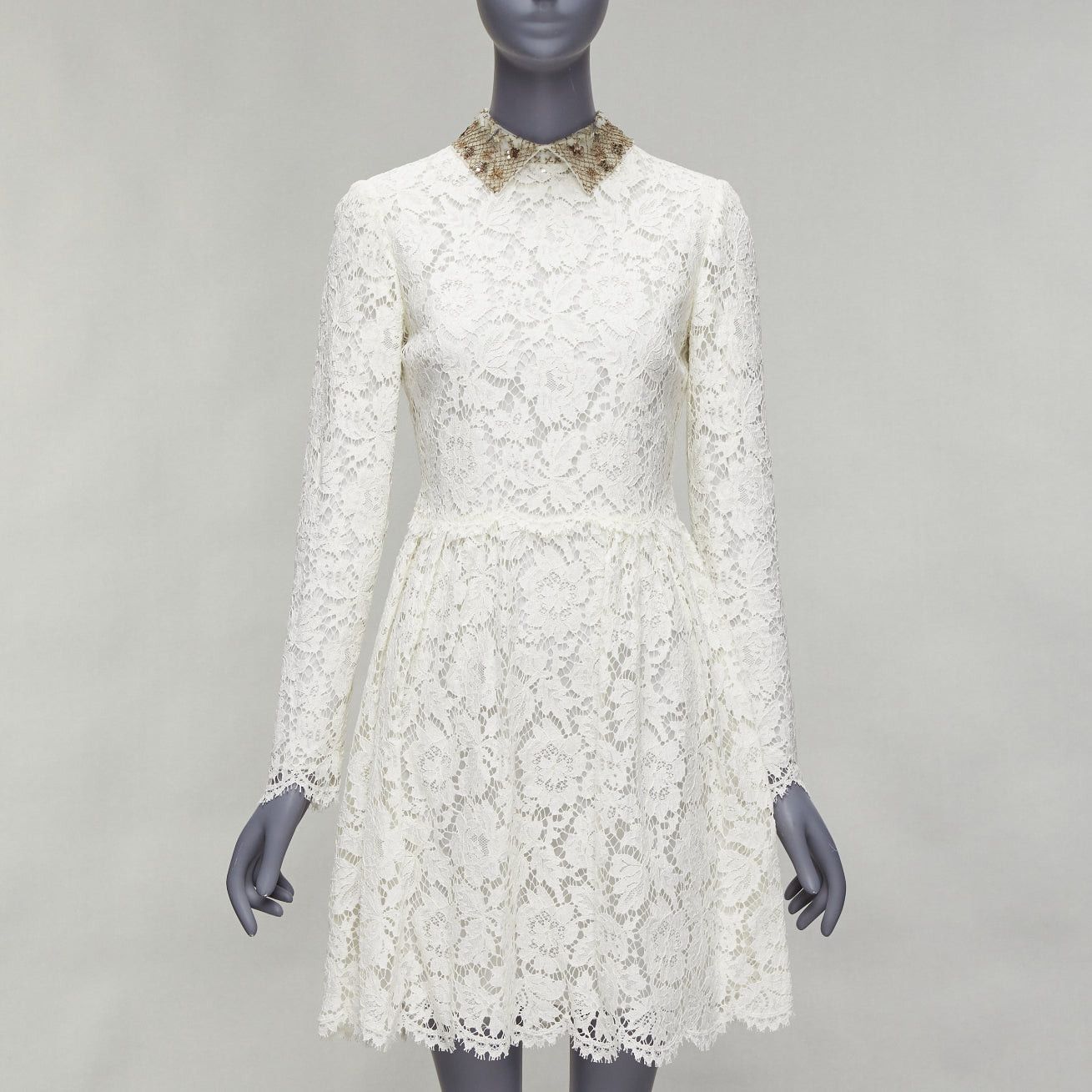 Valentino VALENTINO gold sequin embroidered collar cream lace bridal dress Size M / US 6-8 / IT 42-44 - 1 Thumbnail