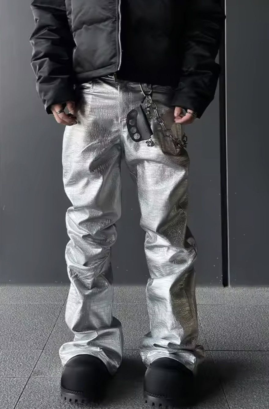 Japanese Brand Crinkled Faux Leather Pants Baggy Stacked PVC Trousers Size US 35 - 1 Thumbnail