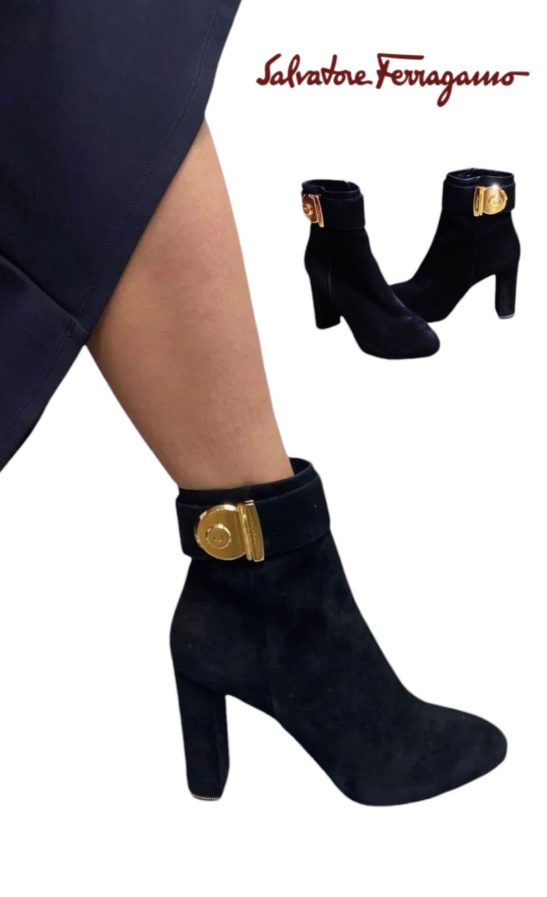 Salvatore Ferragamo Salvatore Ferragamo Black Suede/Velvet Buckle Ankle Boots Size US 5 / IT 35 - 1 Thumbnail