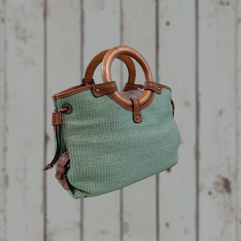 Fossil Fossil Wicker Woven Handbag Satchel Seafoam Green Leather Trim Wooden Handles Size ONE SIZE - 1 Thumbnail