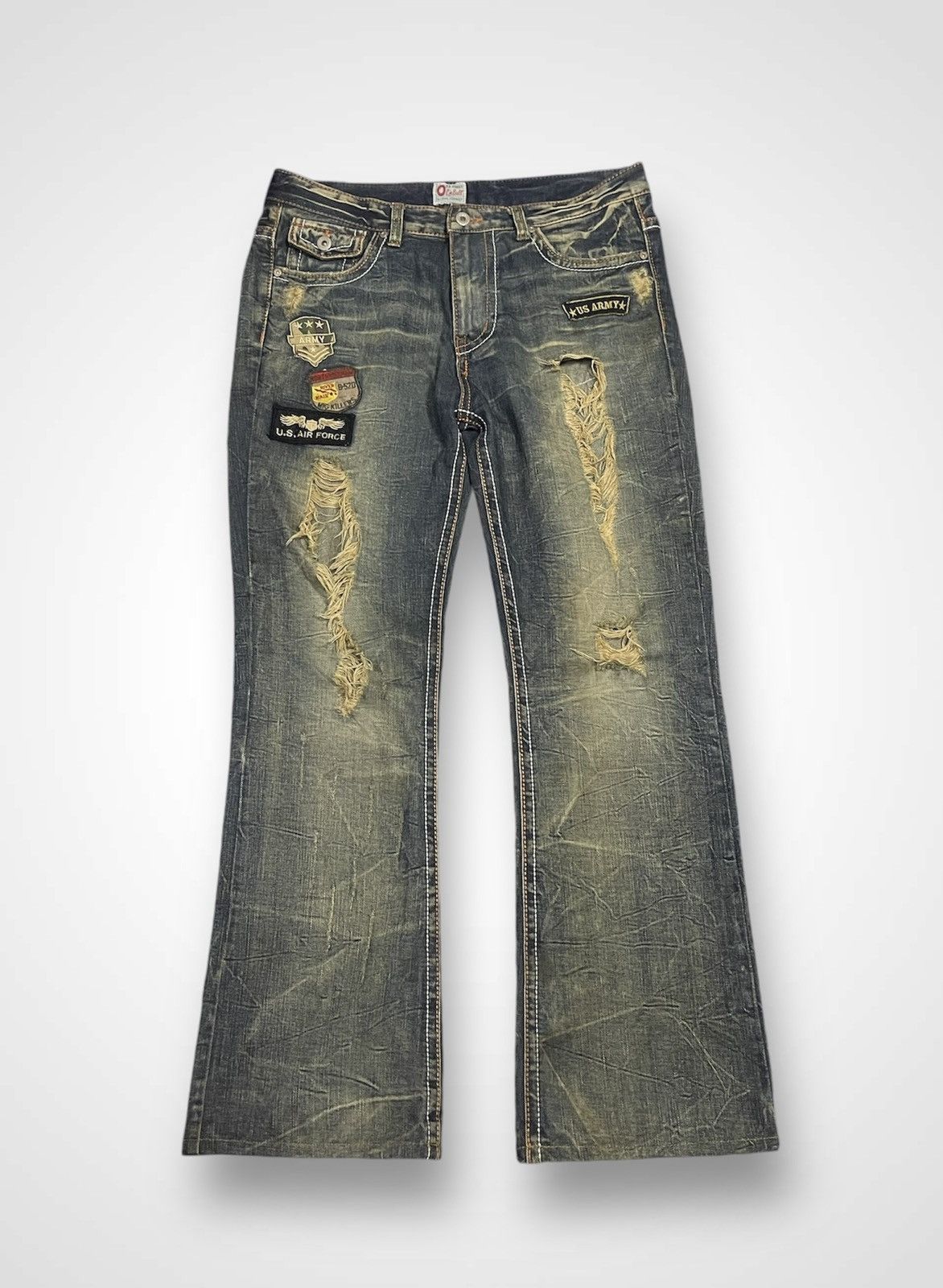 Japanese Brand Pin Ball Distressed Flare Jeans (14) Size US 35 - 1 Thumbnail