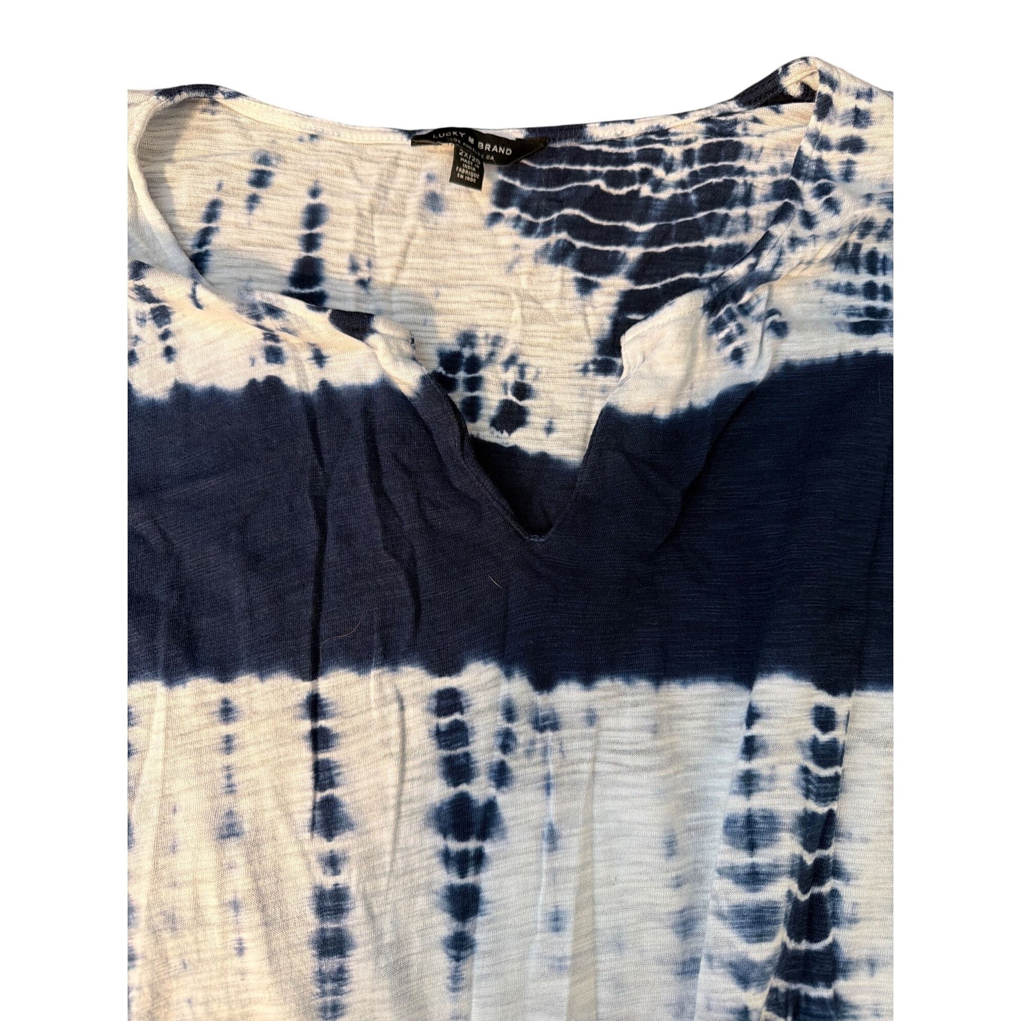 Lucky Brand Lucky Brand Tie Dye Split Neck Top Blue White Front Tie Cap Size XXL / US 16-18 / IT 52-54 - 3 Thumbnail