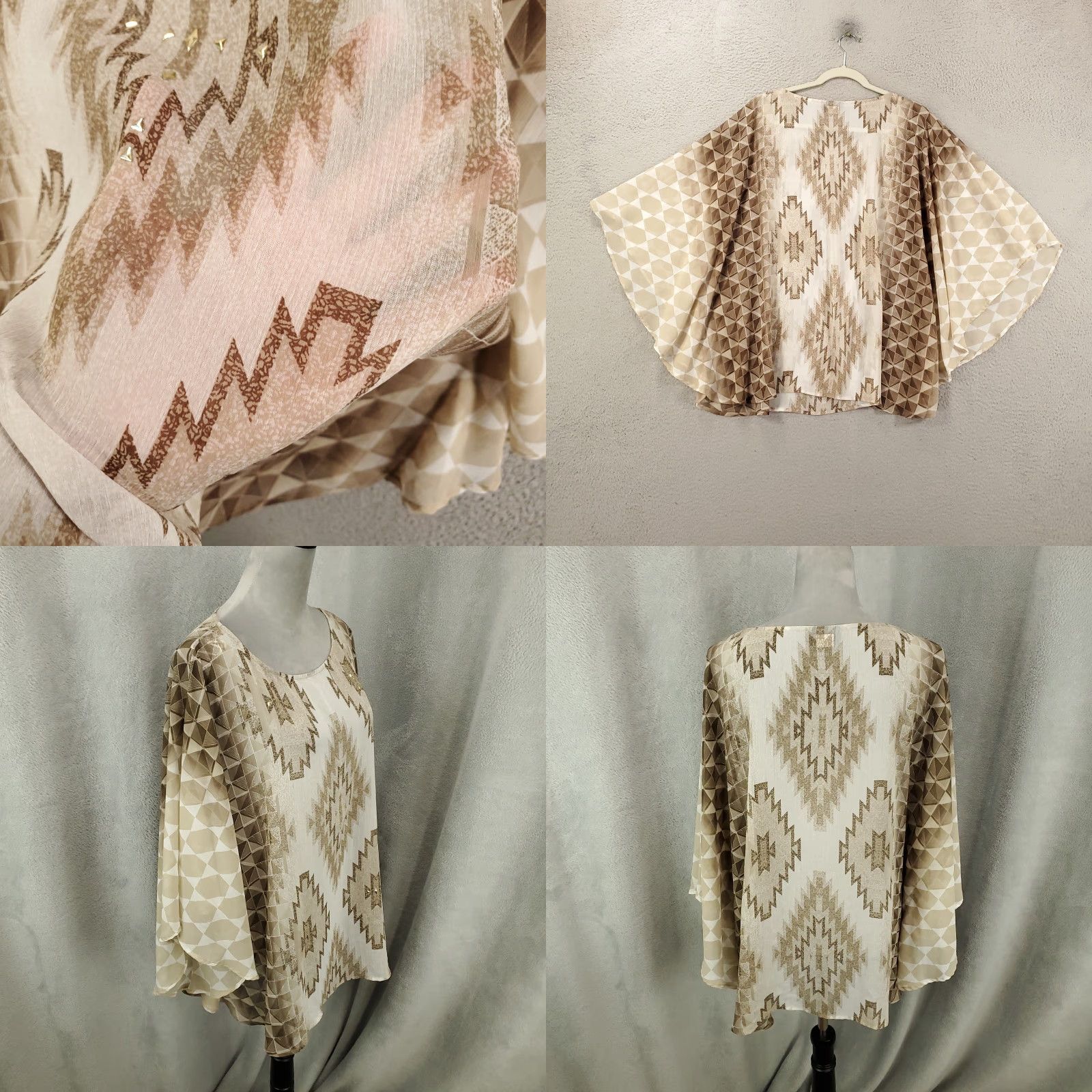 Vintage Womens Poncho Size 3X Tan Boho Western Studded Kimono Sheer Southwest Pullover Size XXL / US 16-18 / IT 52-54 - 8 Thumbnail
