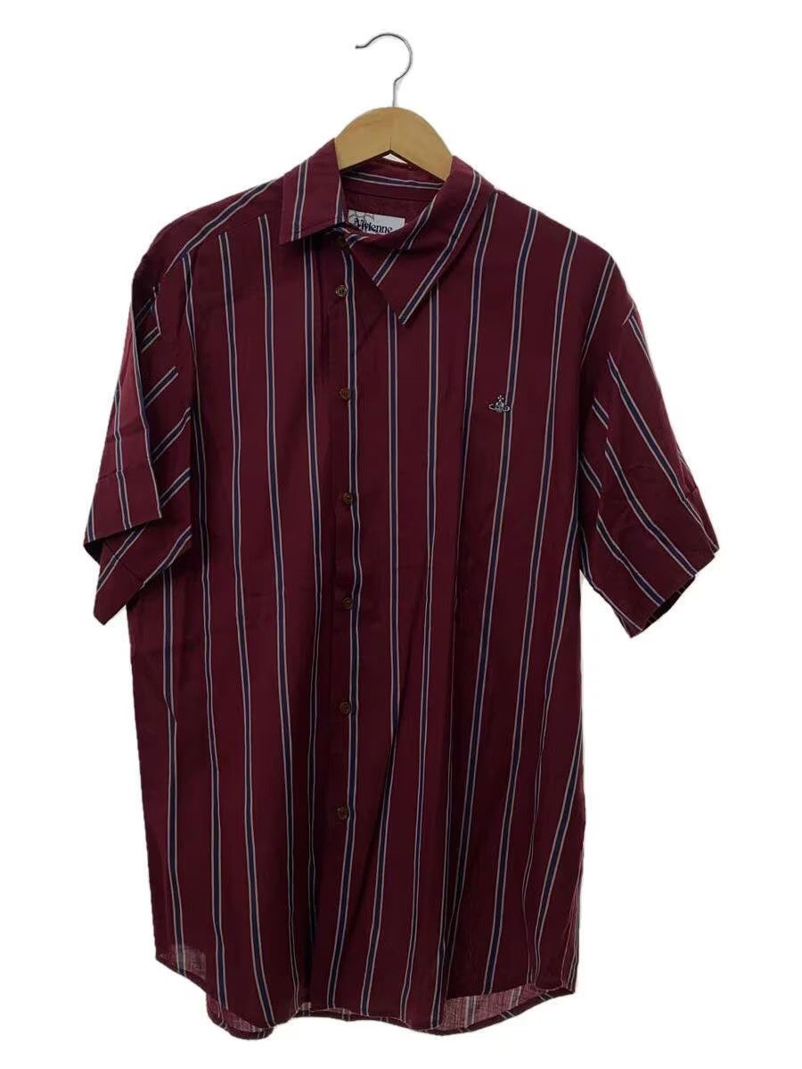 image of Vivienne Westwood Asymmetrical Collar Striped Orb Short Sleeve Button Shirt in Burgandy (Size Mediu
