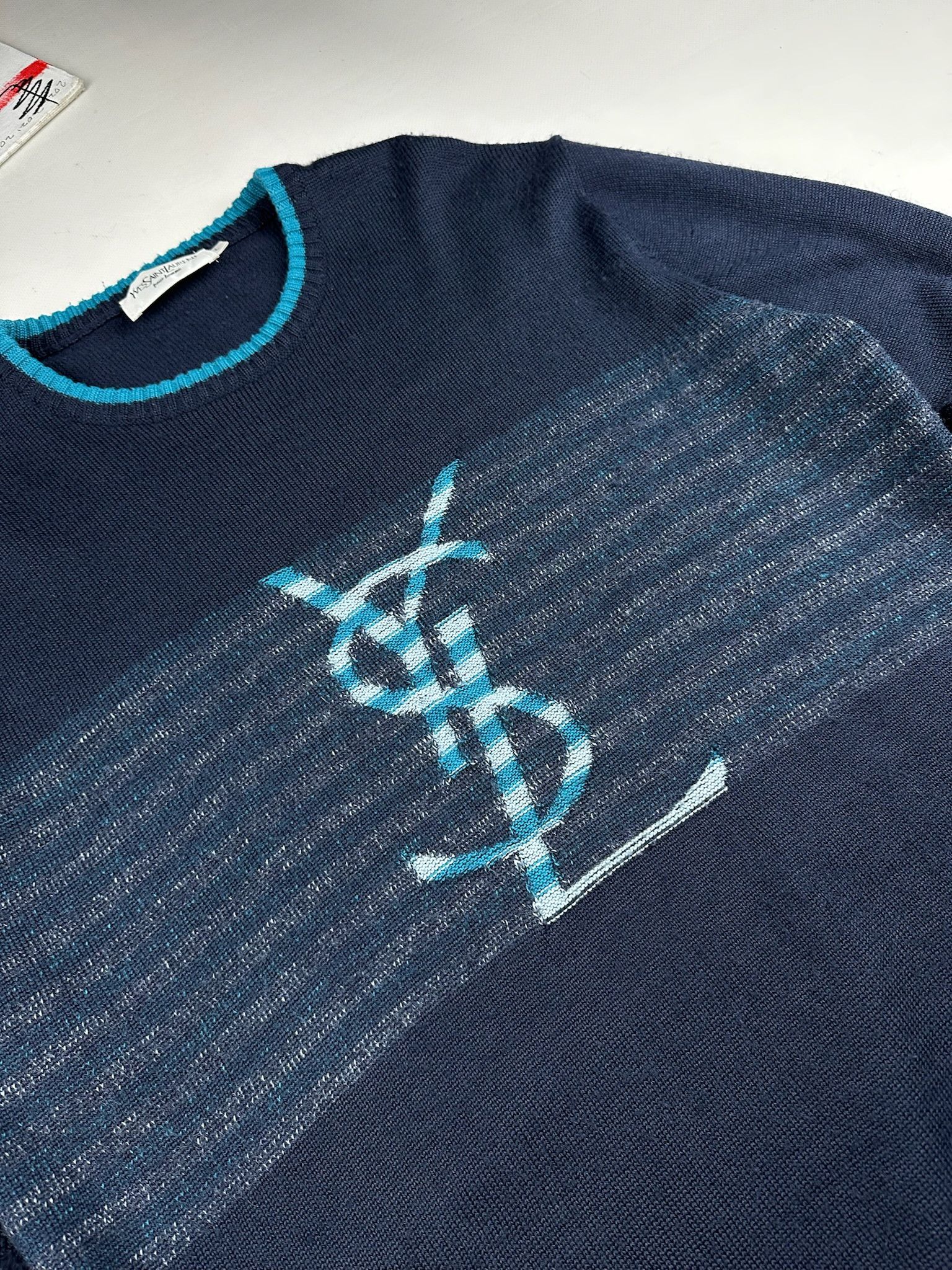 Vintage Navy/Blue YSL Sweater Big Logo YSL Sweatshirt Size US L / EU 52-54 / 3 - 4 Thumbnail