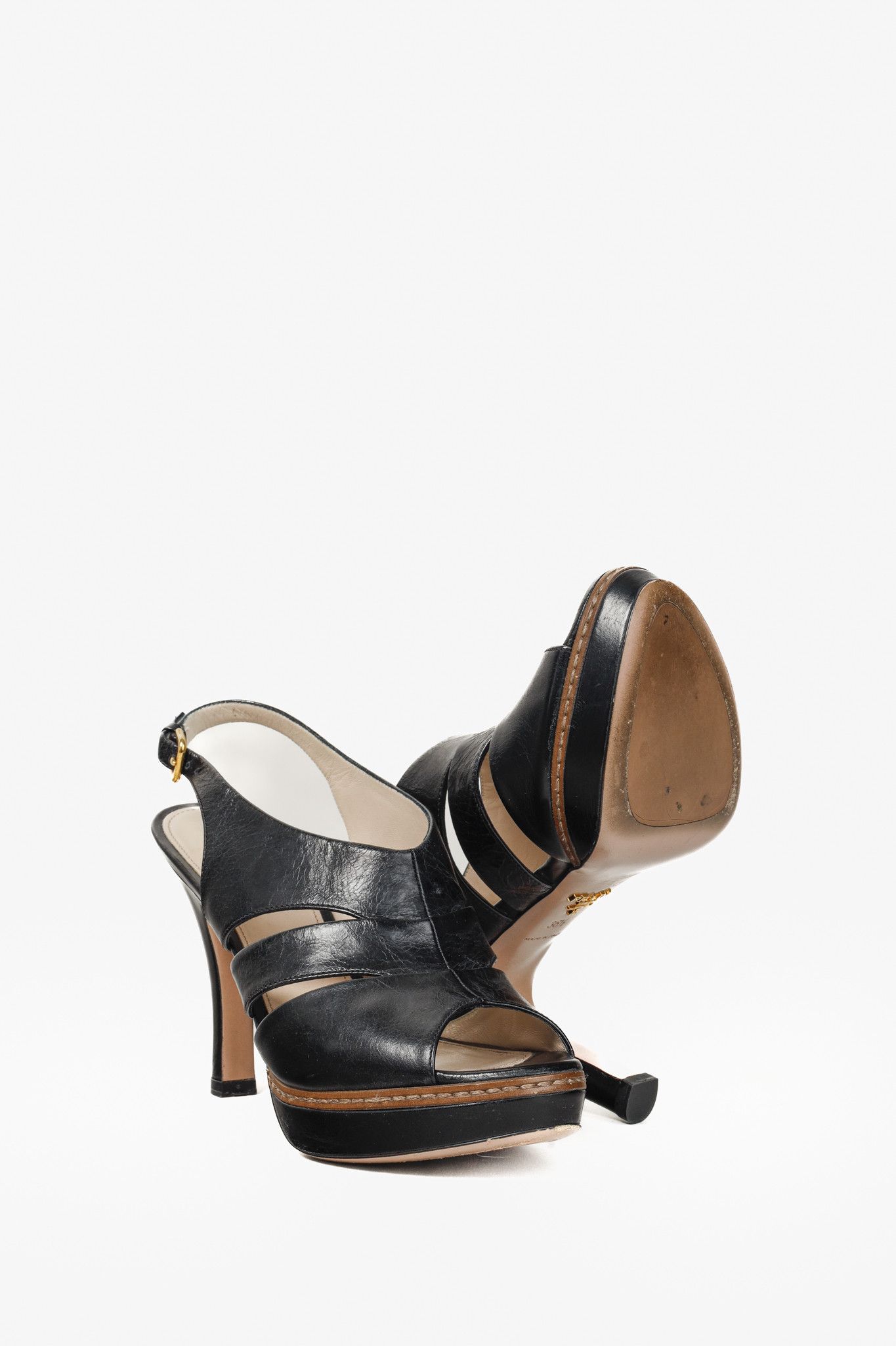Prada Prada Black Leather Peep-Toe Heels Size US 5.5 / IT 35.5 - 4 Thumbnail