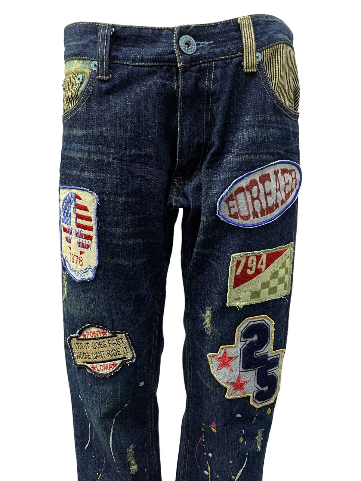 Point Loma Japan Patched Distressed Paint Splatter Jeans