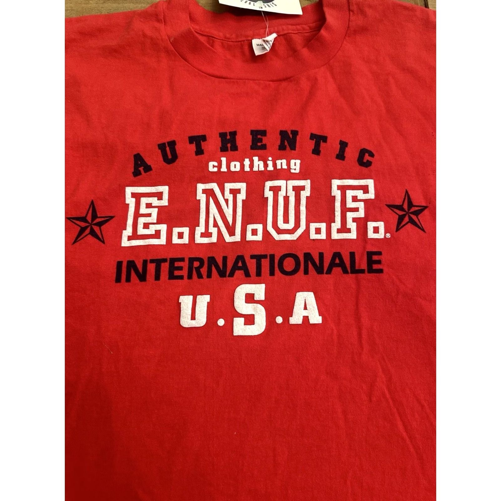 Vintage VINTAGE 90s ENUF International T-Shirt Embroidered Red Men XL NWT Single Stitch Size US XL / EU 56 / 4 - 2 Thumbnail