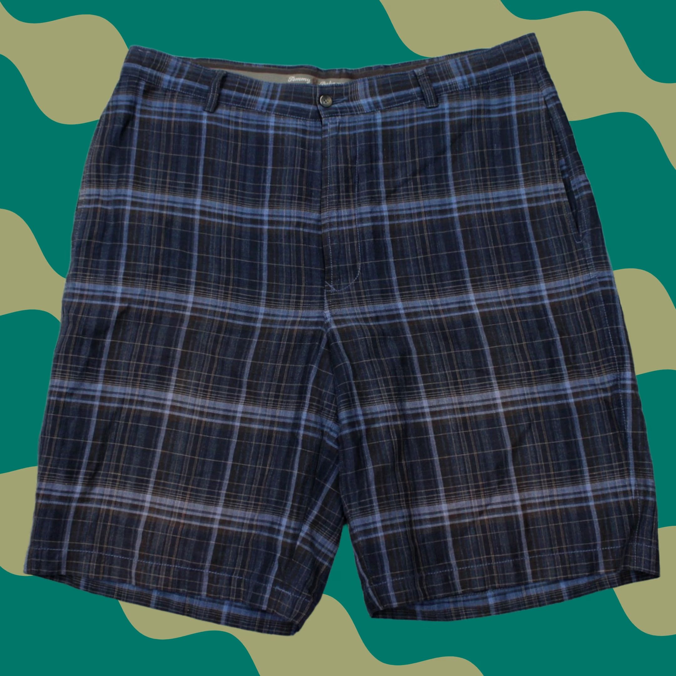 Tommy Bahama Tommy Bahama Shorts Mens 38 Black/Blue Linen/Silk Bermuda Flat Front 11" Casual Travel Beach Colorful Pattern Plaid G Mens Size US 38 / EU 54 - 1 Thumbnail