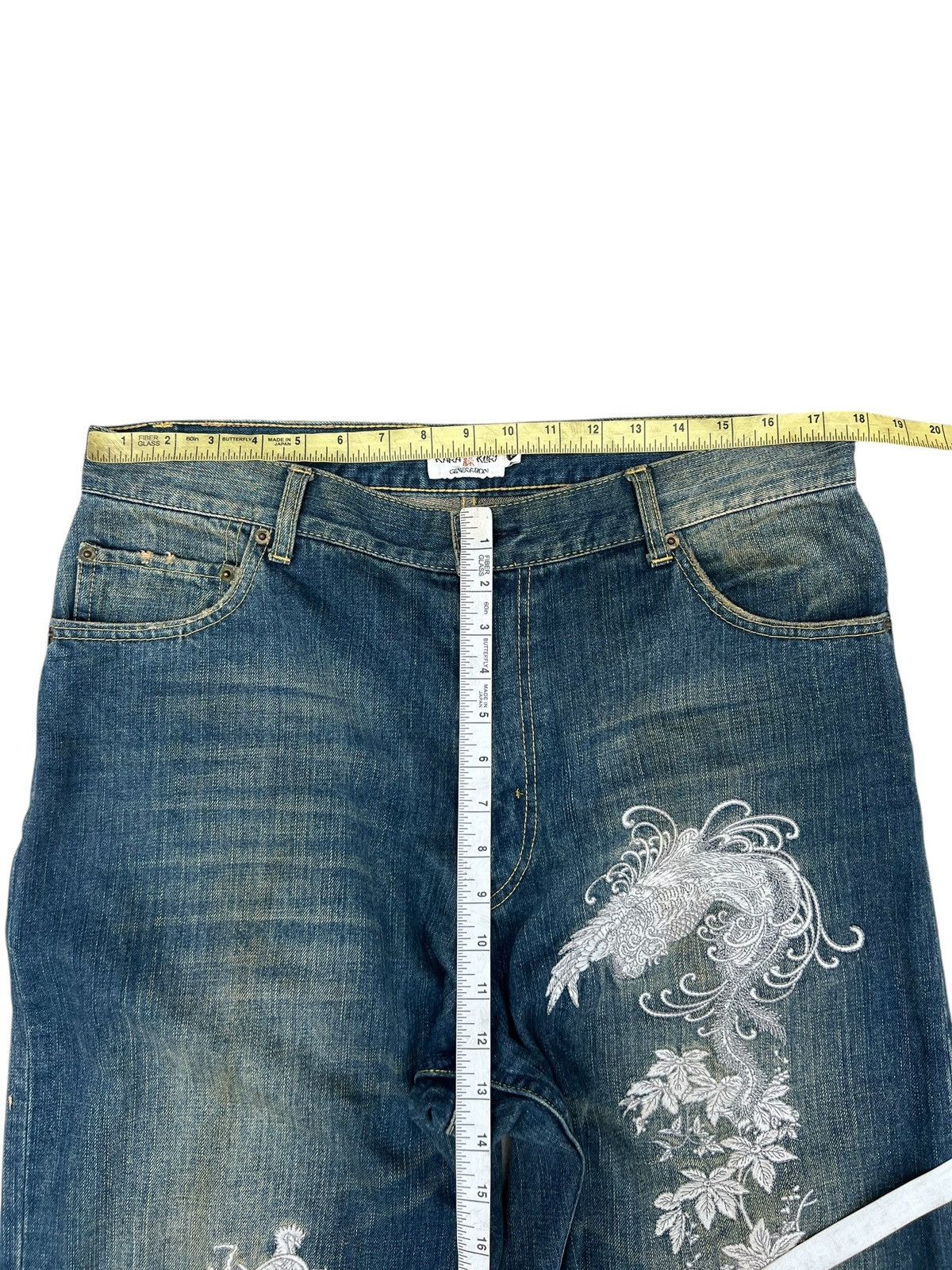Vintage Dirty Mud Karakuri Embroidery Dragon Phoenix Denim Jeans Size US 35 - 2 Thumbnail