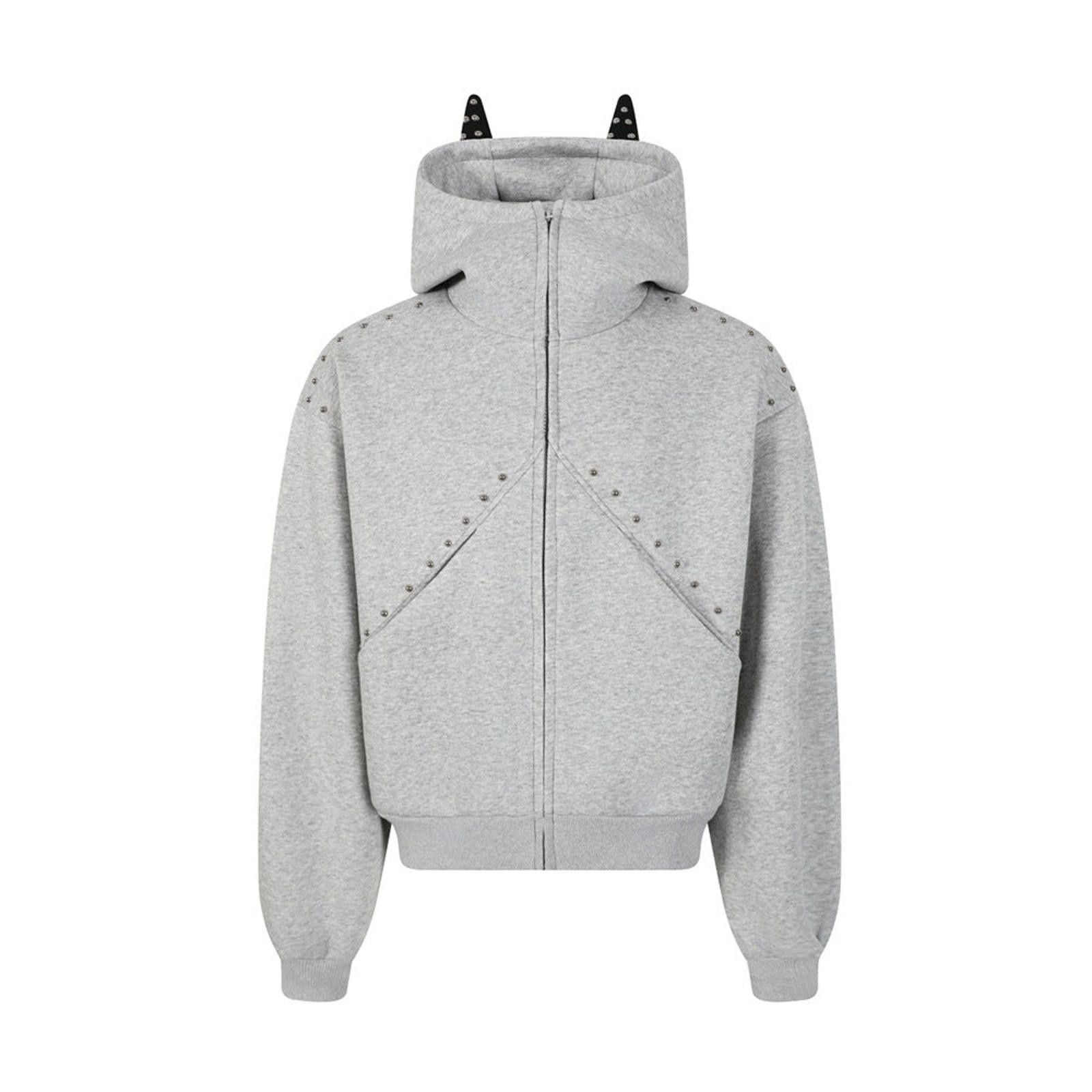 Japanese Brand Gray Studded Hooded Horn Zip-Up Hoodie Size ONE SIZE - 1 Thumbnail