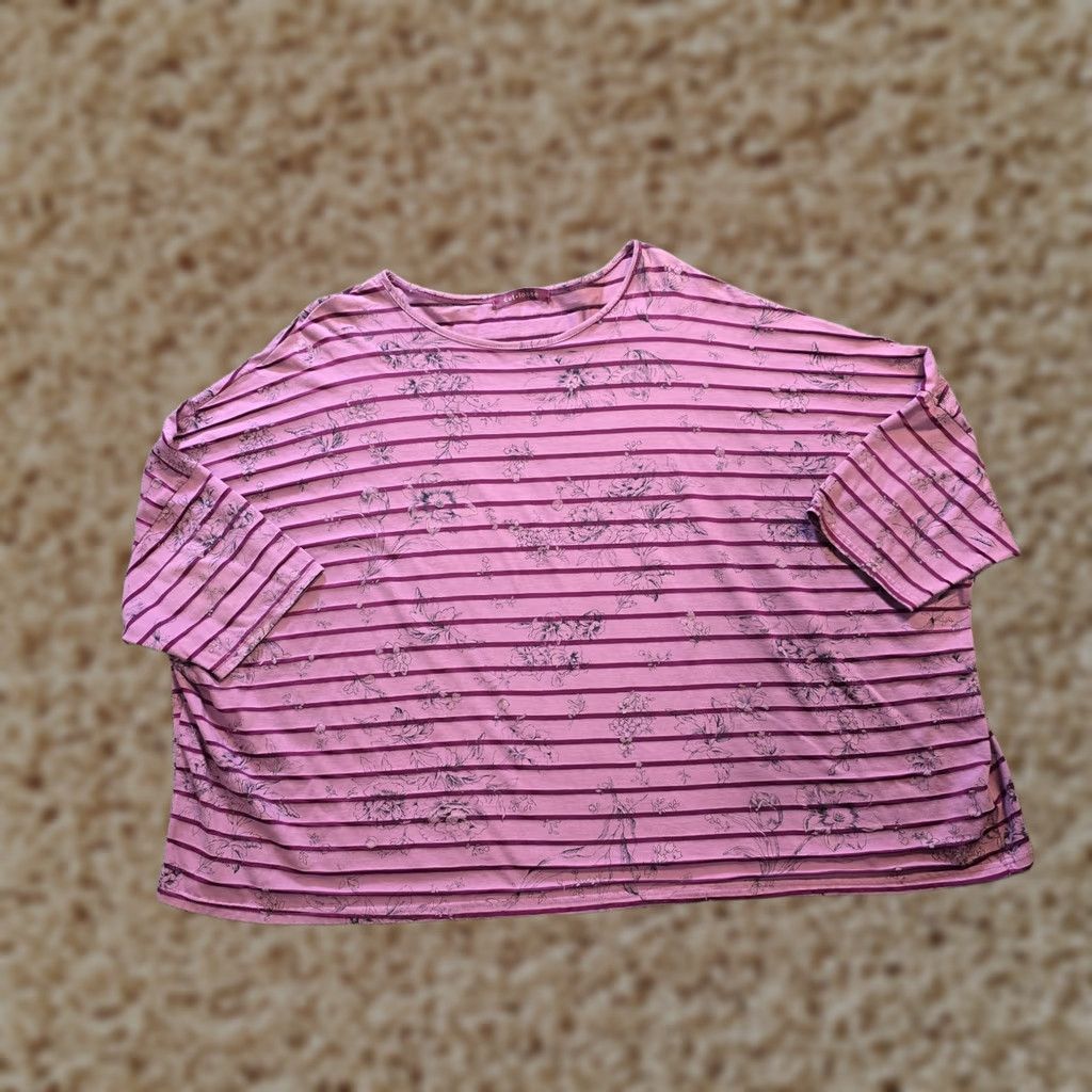 Pinko Cutloose Top Womens XL Pink Purple Striped Floral Boxy Short Sleeve Casual Shirt Size XL / US 12-14 / IT 48-50 - 1 Thumbnail