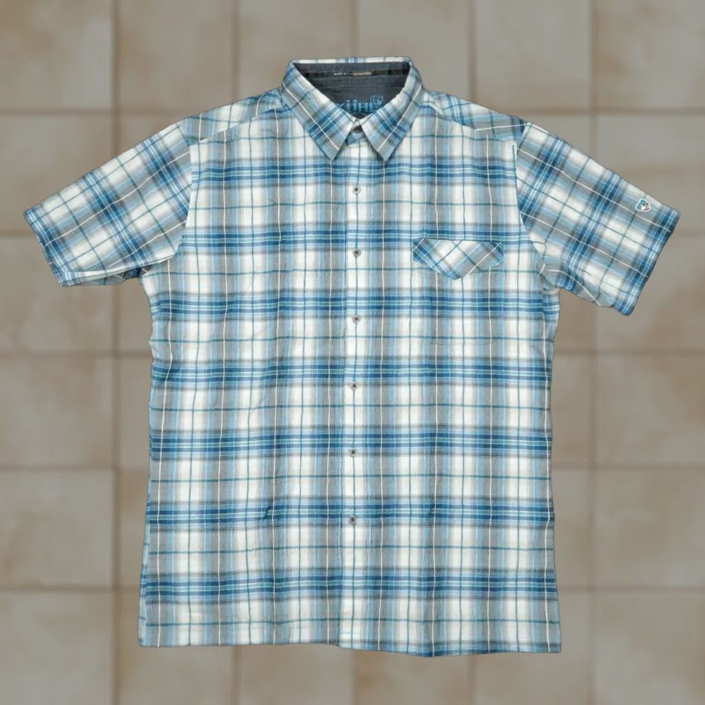 Vintage Kuhl Shirt Mens Large Blue Plaid Short Sleeve Button Outdoor Stretch Seersucker Size US L / EU 52-54 / 3 - 1 Thumbnail