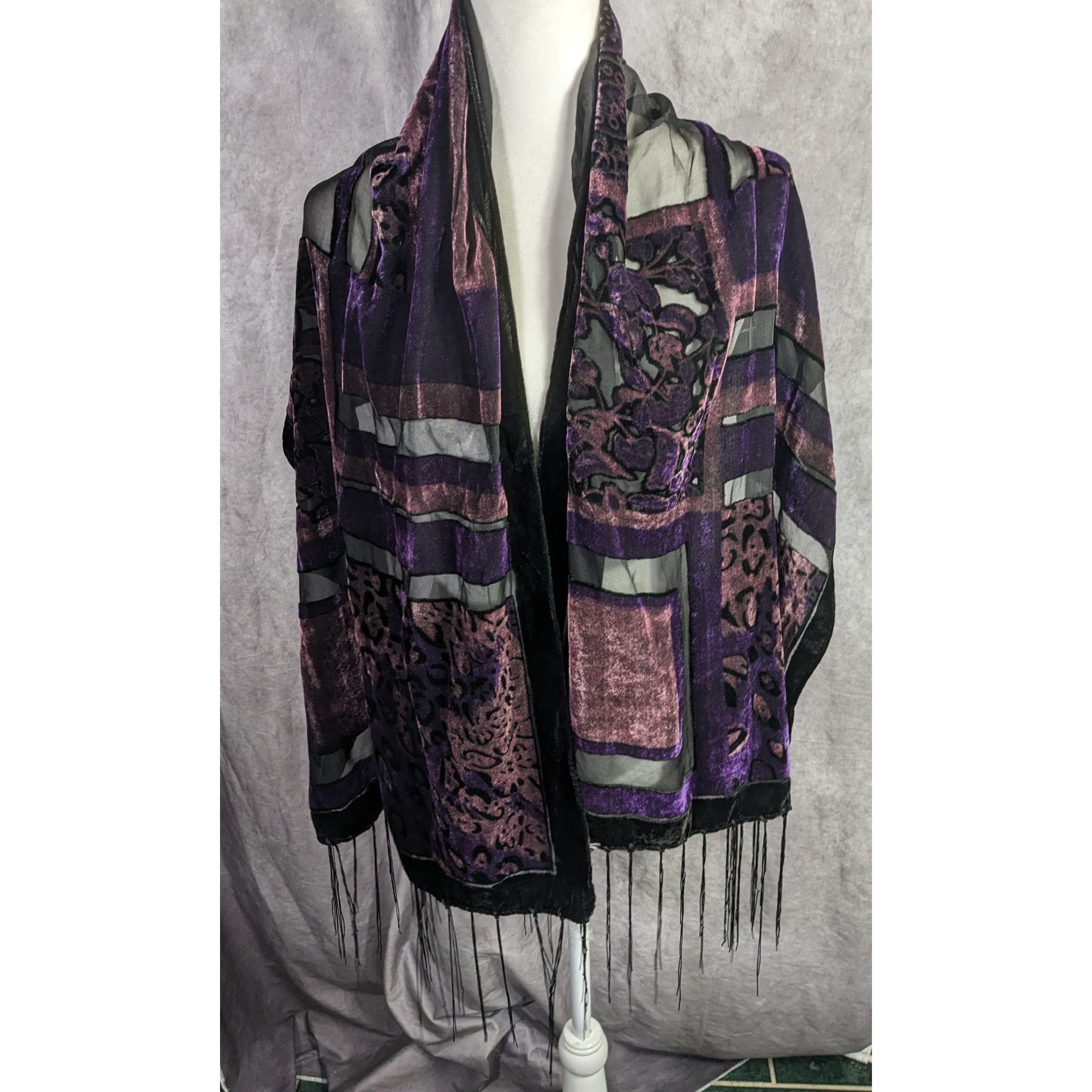 Other Vintage Burnt Velvet Abstract Scarf With Fringe 61"x20" Purp Size ONE SIZE - 9 Thumbnail