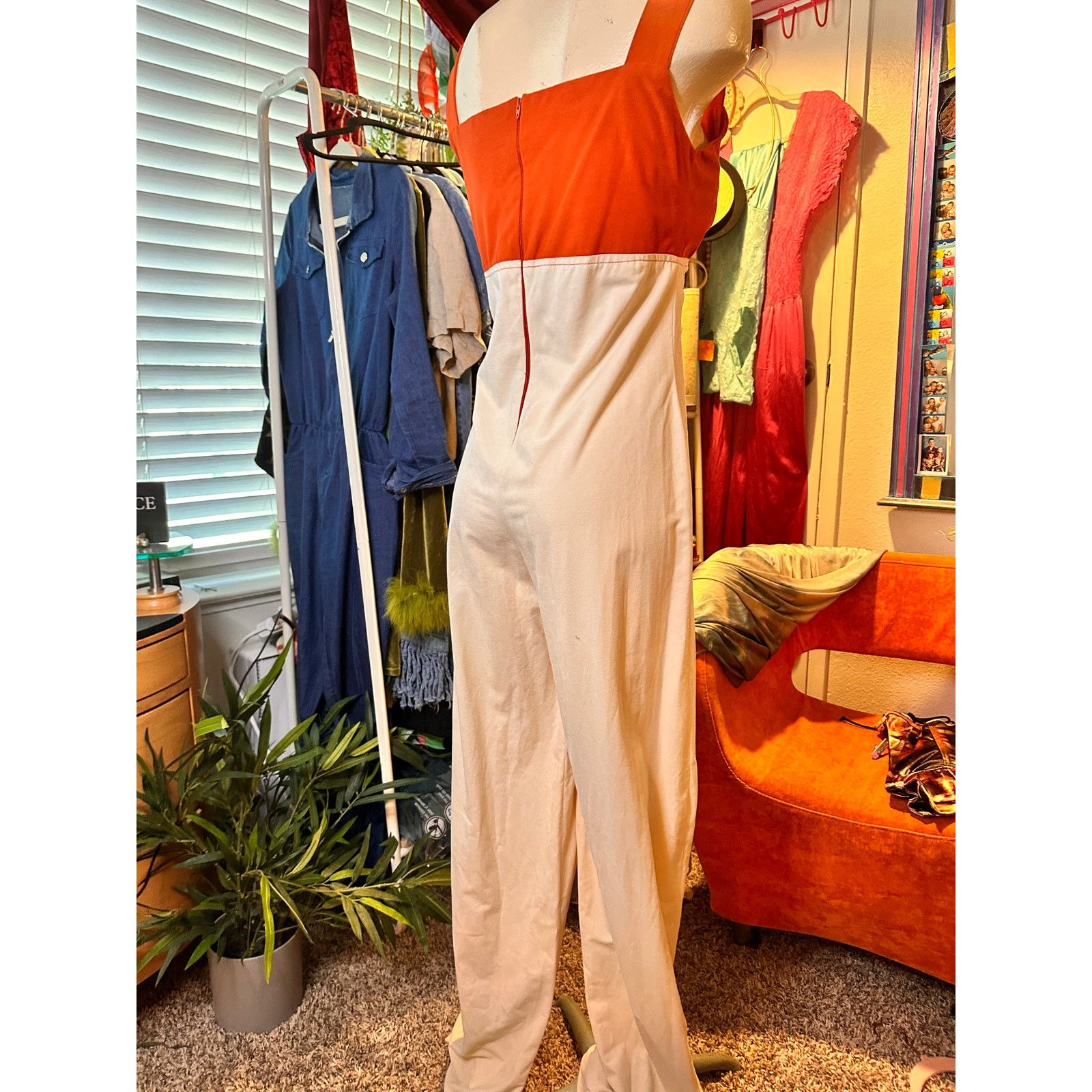 Homemade Retro 1970s Orange and Cream Jumpsuit Size 27" / US 4 / IT 40 - 6 Thumbnail
