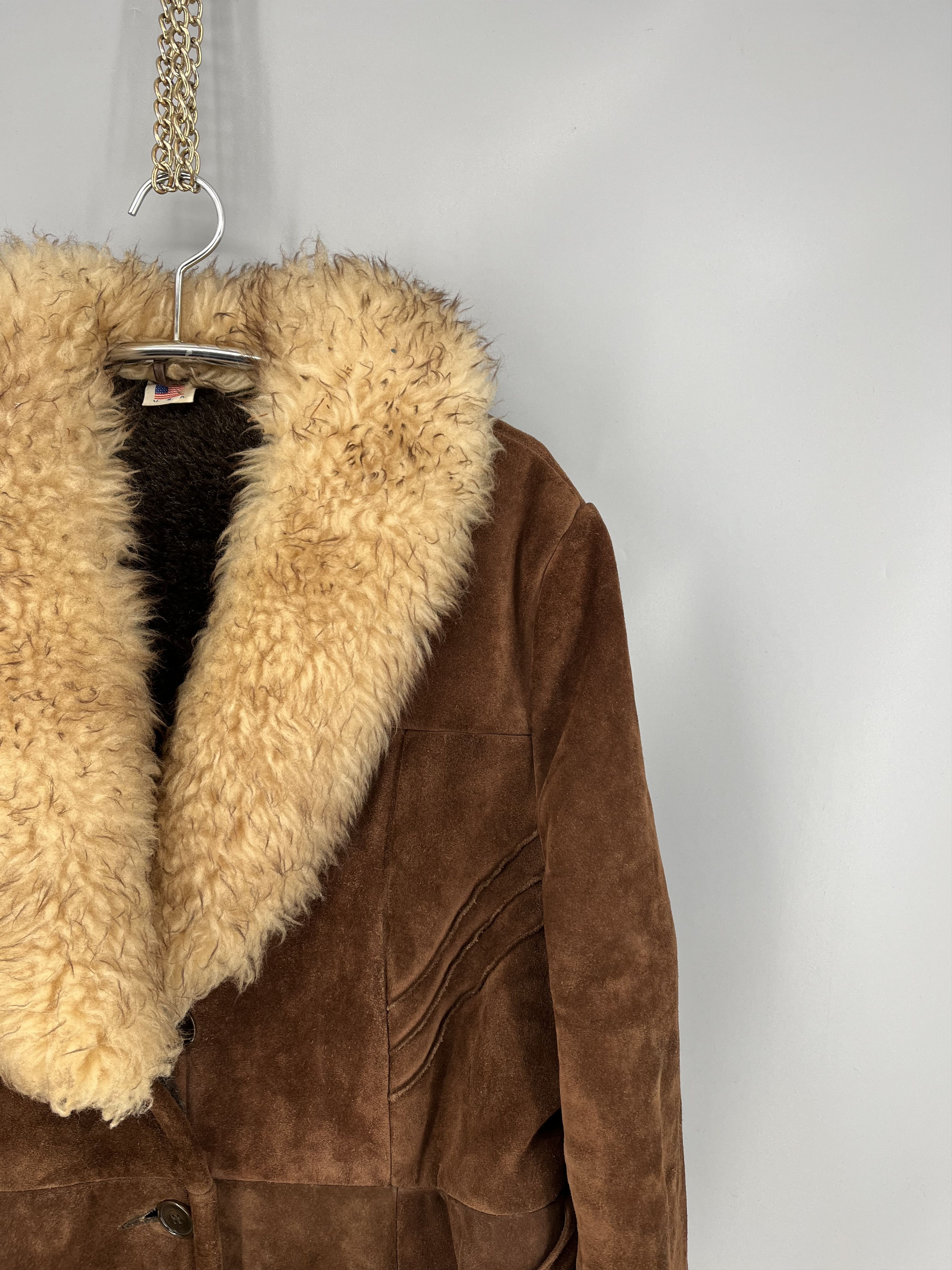 Vintage 70s Suede Shearling Coat USA Made Brown Faux Fur Lined Heavy Size US L / EU 52-54 / 3 - 6 Thumbnail