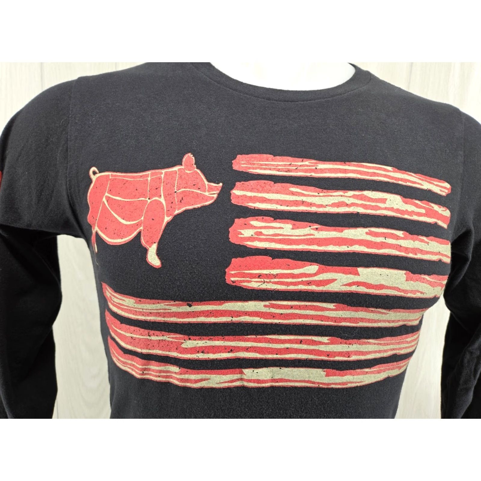 Vintage Grunt Style Long Sleeve Shirt Bacon Flag Small Unisex Adults Men’s S Black Cotton Graphic Print Crew Neck Logo 4-Season Flag Theme Size US S / EU 44-46 / 1 - 3 Thumbnail