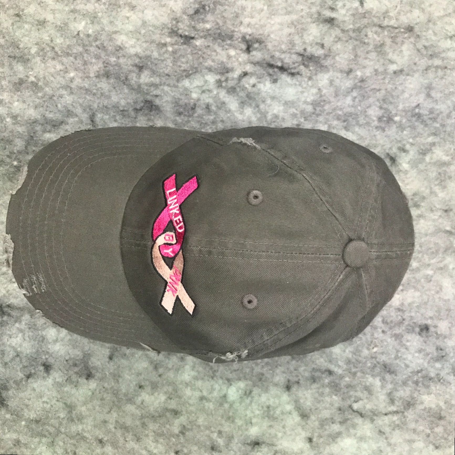 Vintage Breast Cancer Awareness Womens Cap Hat Adjustable Gray Distressed Linked by Pink Size ONE SIZE - 7 Thumbnail