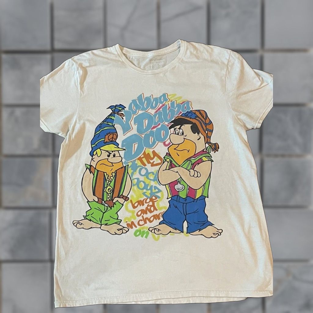 VINTAGE Flintstones Rap T-Shirt White Large Double-Sided Men L White Double-Sided T-Shirt Flintstones Rap Large White Mens L