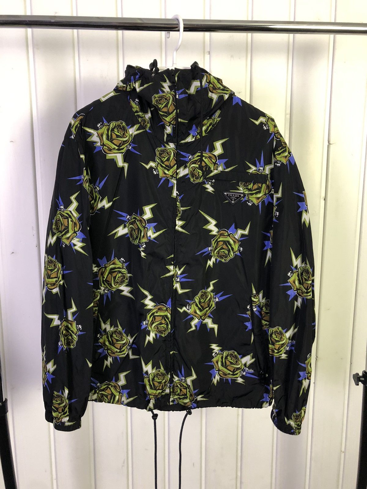 image of Ss19 Prada Rose Lightning Bolt Hooded Nylon Windbreaker in Black, Men's (Size Small)