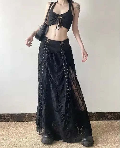Designer Y2k Gothic Punk Bandage Mesh Patchwork Irregular Maxi Skirt Size 29" - 4 Thumbnail