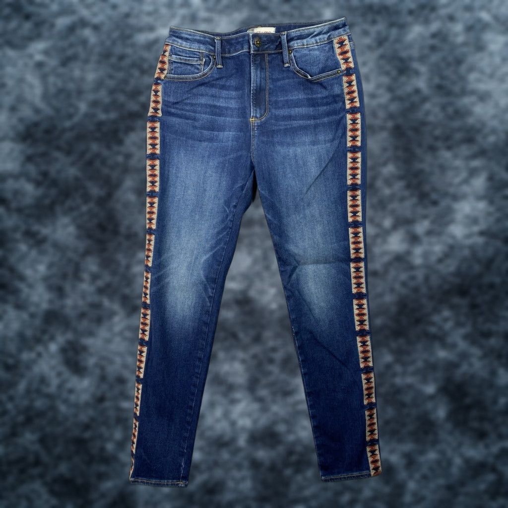 Vintage Driftwood Jackie High Rise Jeans Womens 29 Aztec Embroidered Skinny Stretch Denim Jeans Blue Geometric Bohemian 90s style Womens Size 29" - 1 Thumbnail