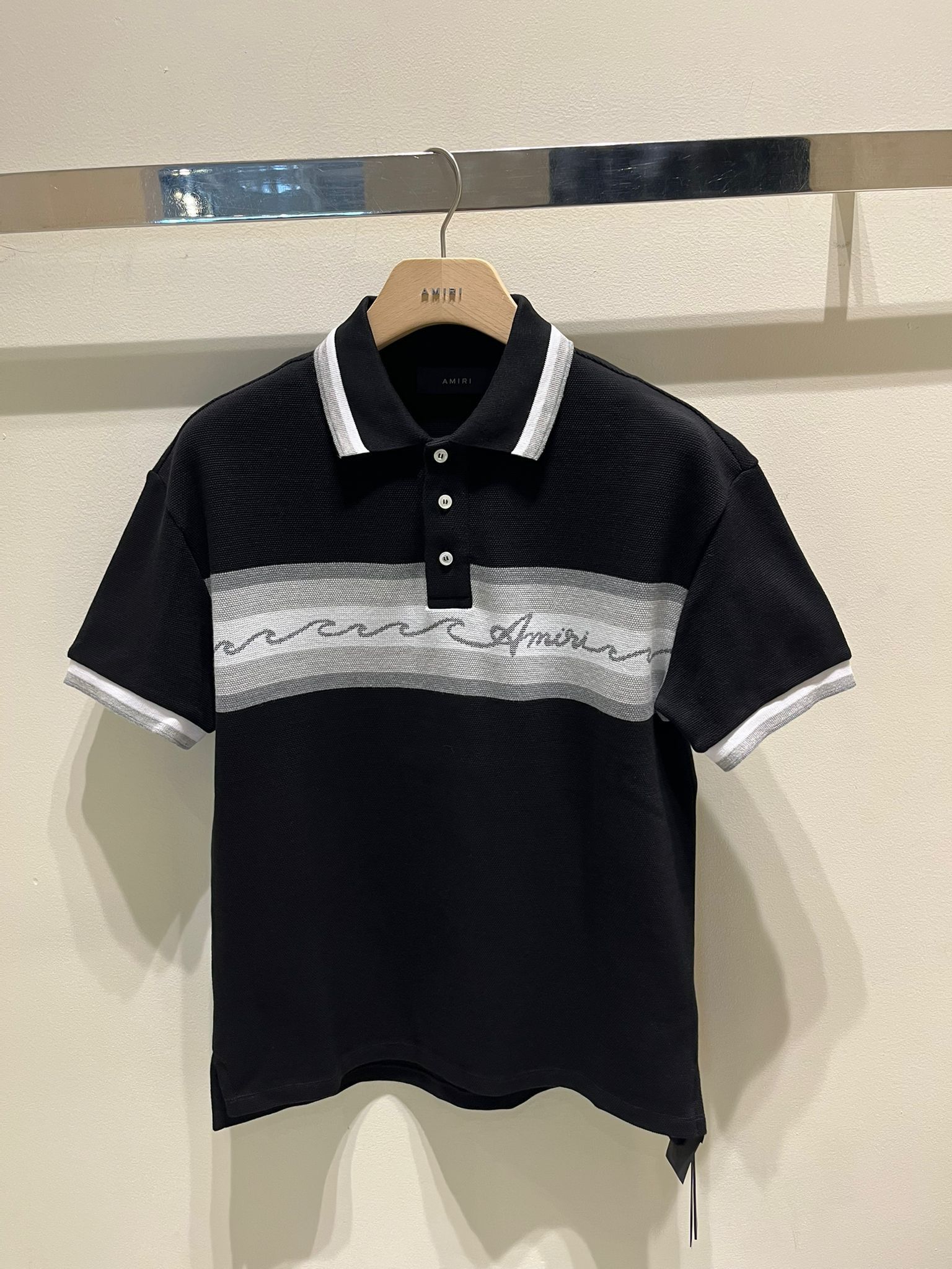 Amiri o1s1wg110825 Wave Baja Stripe Piqué Knit Polo Shirt Size US S / EU 44-46 / 1 - 1 Thumbnail