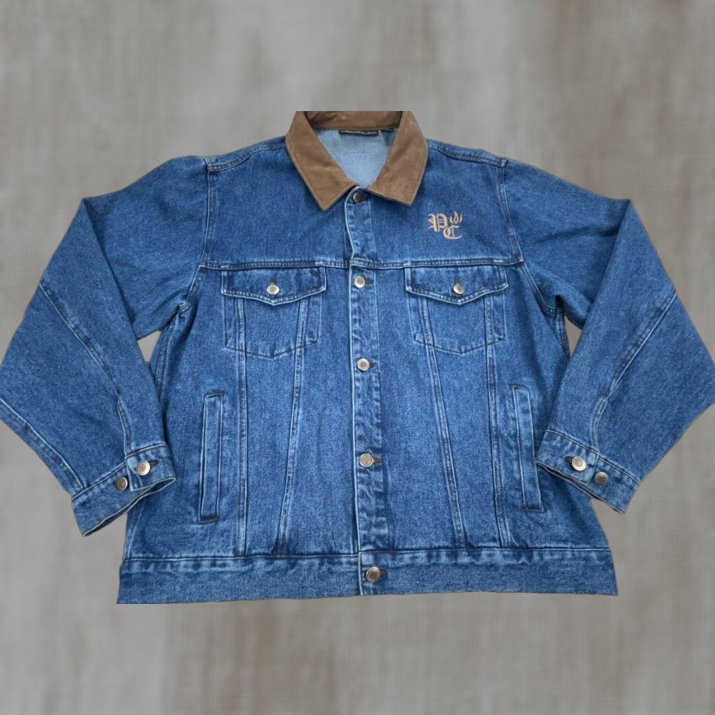 Dunbrooke VINTAGE Dunbrooke Denim Jacket Men L Blue Jean Biker Trucker Leather Collar Jeans Jacket Capable Collared Pockets 90s USA Mens Size US 33 - 1 Thumbnail