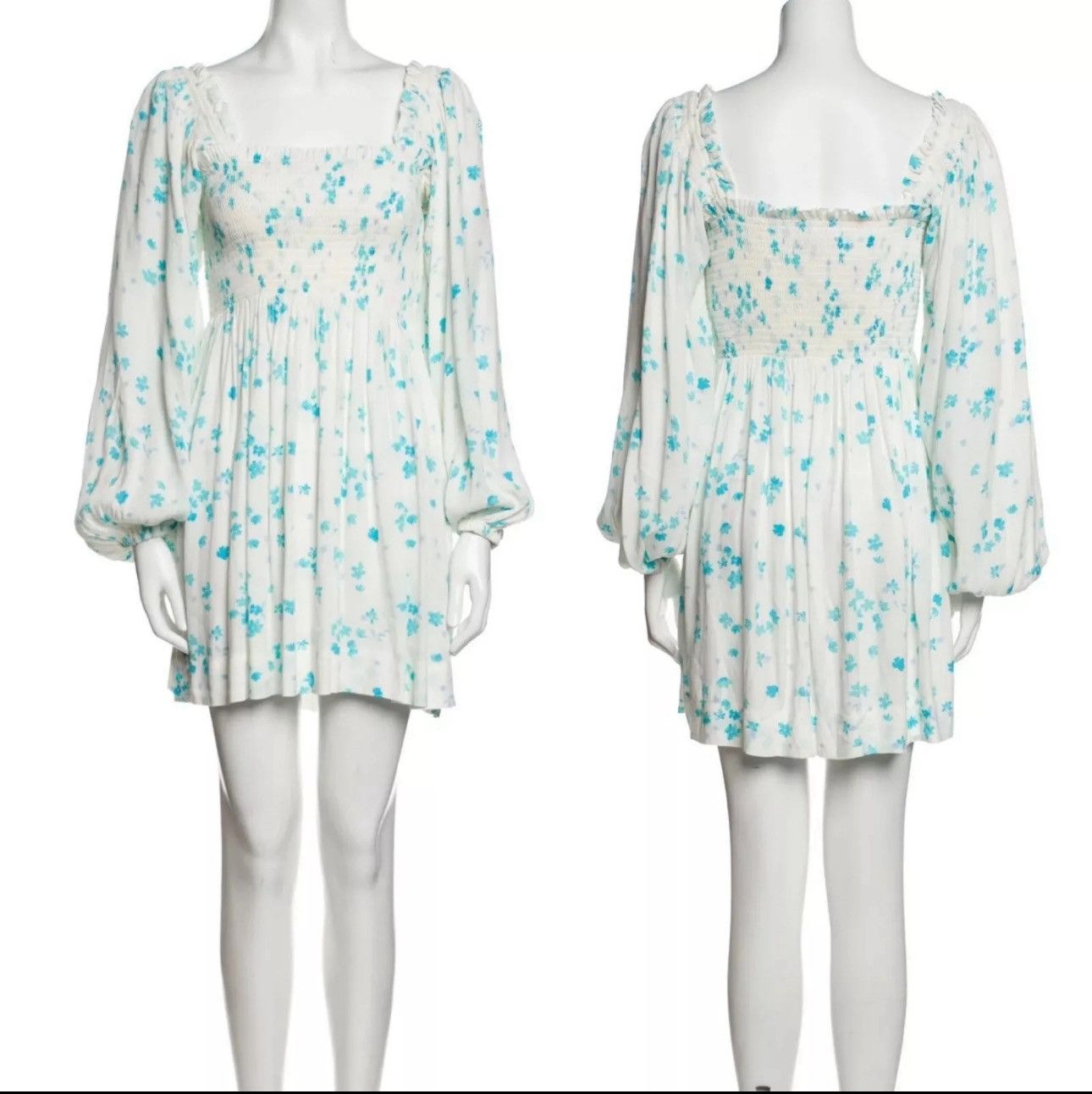 Ganni GANNI Shirred Crepe Floral White Mini Dress Size XS / US 0-2 / IT 36-38 - 7 Thumbnail