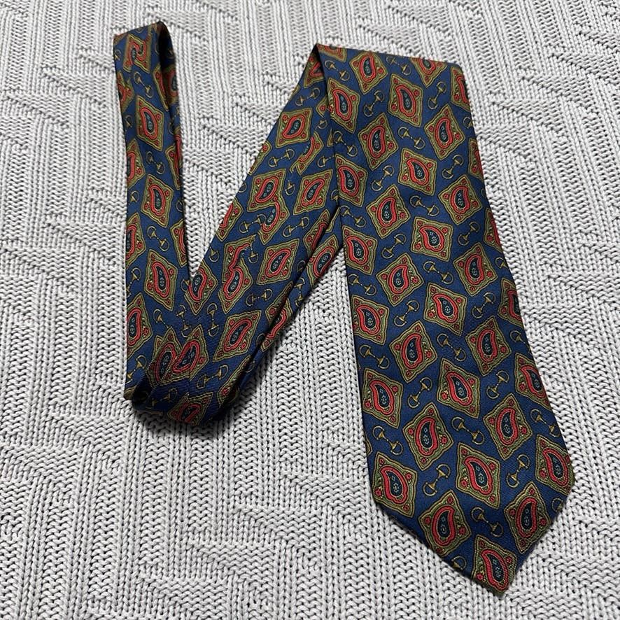 image of Vintage Gucci Navy Equestrian Paisley Silk Luxury Tie in Blue, Men's