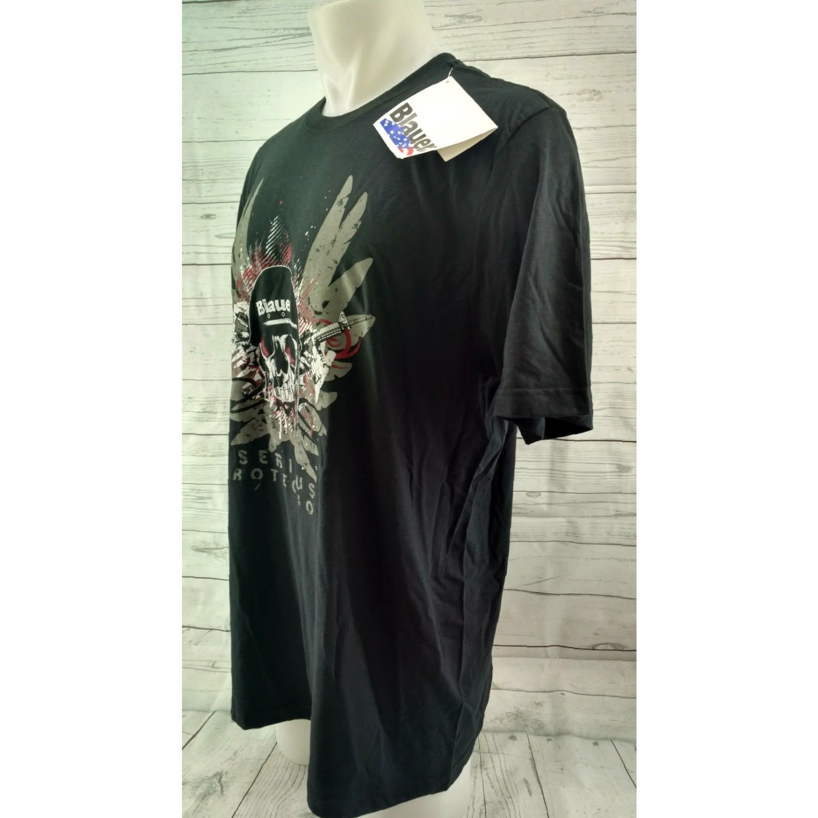 Vintage BLAUER Shirt Men XL Black Print T Shirt Skull Serious Protection Size US XL / EU 56 / 4 - 3 Thumbnail
