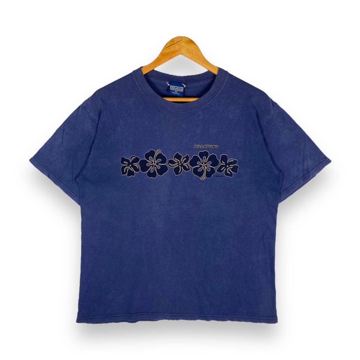 image of Vintage Billabong Hibiscus Flowers Surfing Distressed Tee in Navy, Men's (Size Medium)