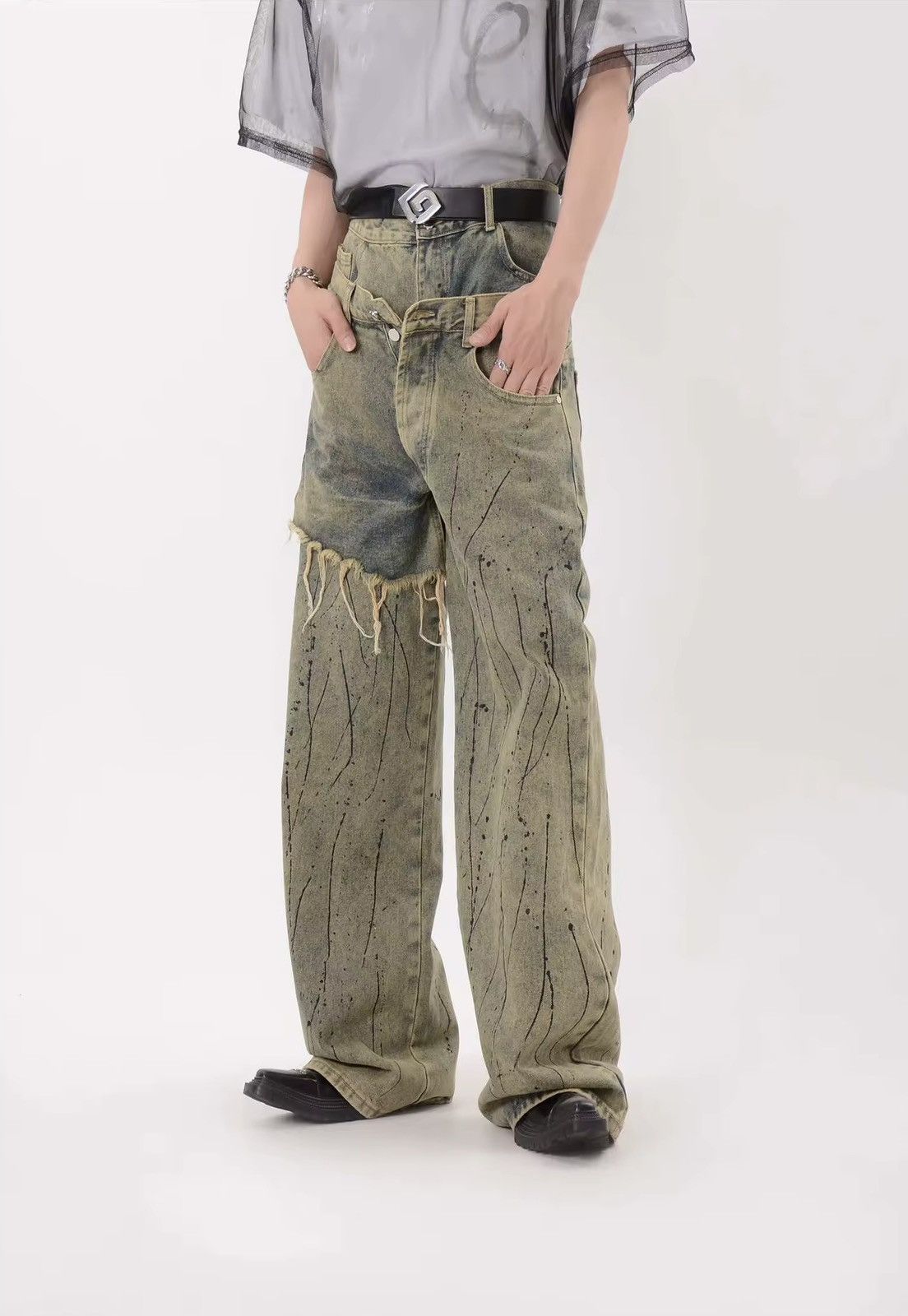 Designer × Vintage Asymmetric Design Loose Distressed Baggy Pants Jeans Size US 34 / EU 50 - 1 Thumbnail