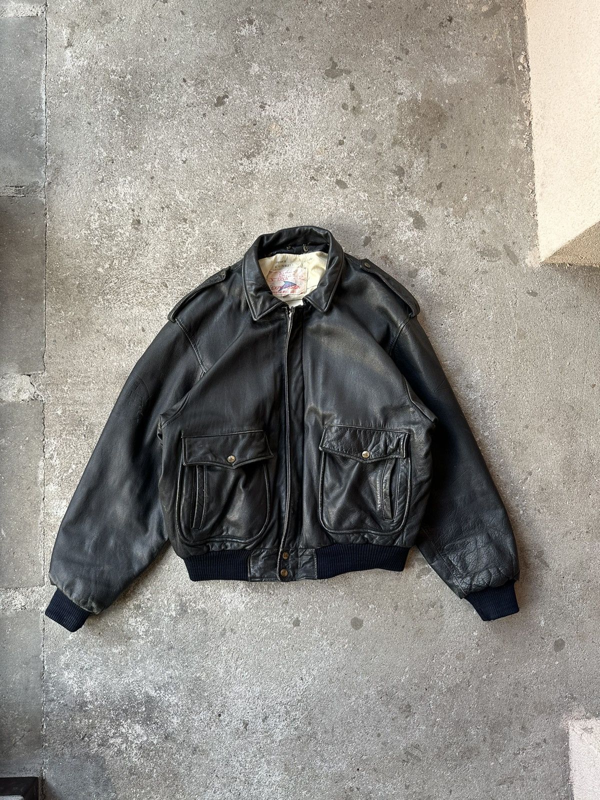 image of Leather Jacket x Vintage Korean Real Leather Boxy Distressed Bomber Jacket in Black (Size Medium)